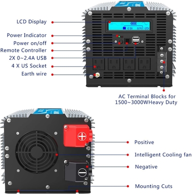 Anzeige des Fernsteuerungs-3000 Watt-reine Sinus-Wellen-Inverter-12V 24V LCD